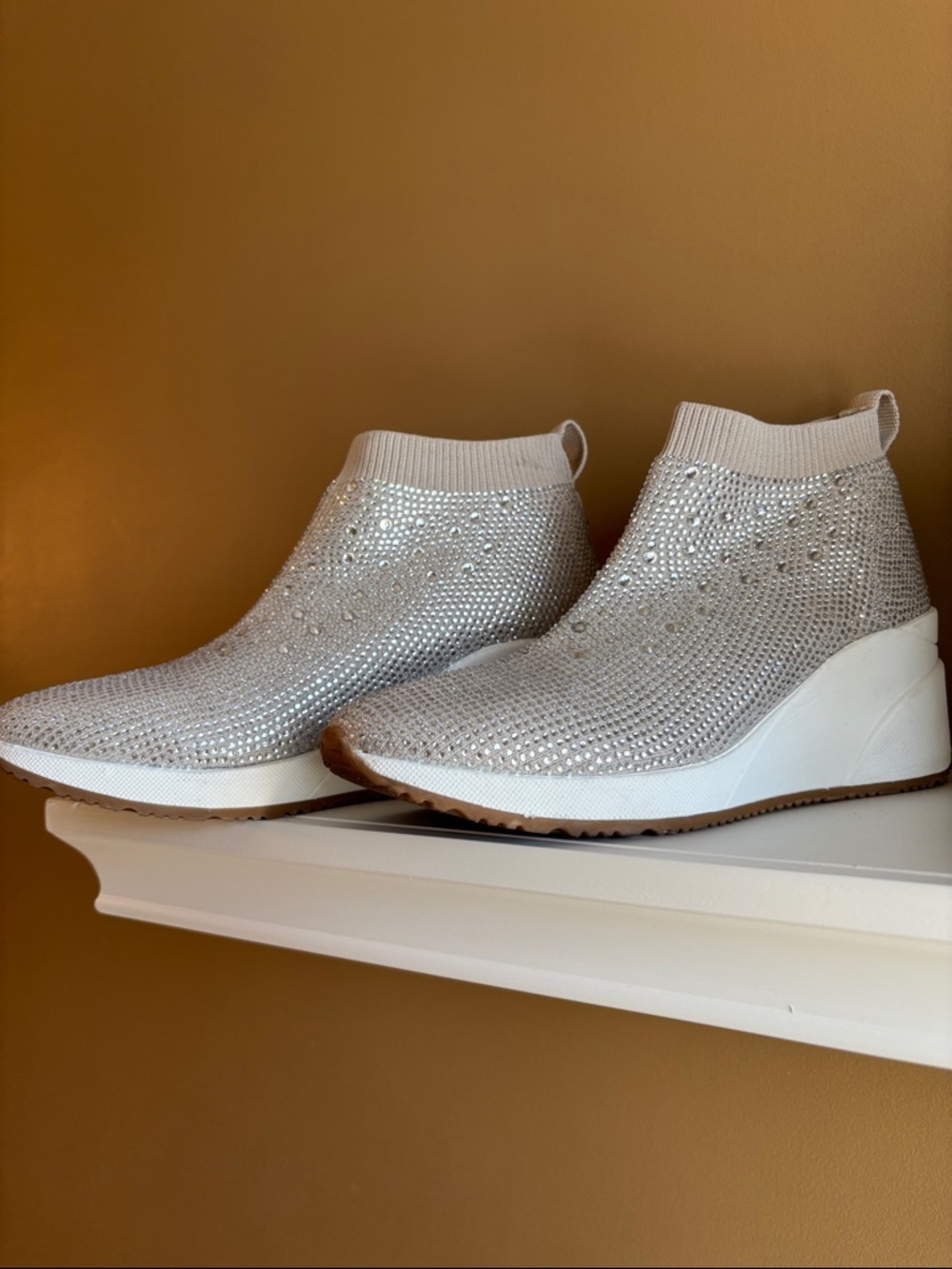 Embellished Knit Wedge Sneaker Bootie - Light Beige